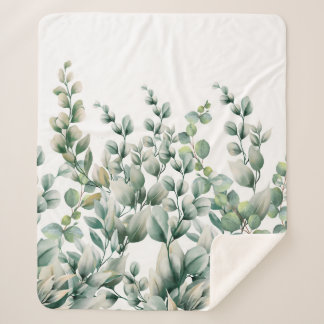 Green Watercolor Eucalyptus Leaf Sherpa Blanket
