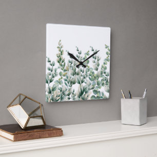 Green Watercolor Eucalyptus Leaf Square Wall Clock