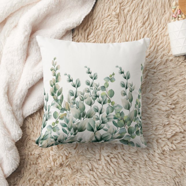 Green Watercolor Eucalyptus Leaf Throw Pillow (Blanket)