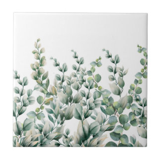 Green Watercolor Eucalyptus Leaf Tile