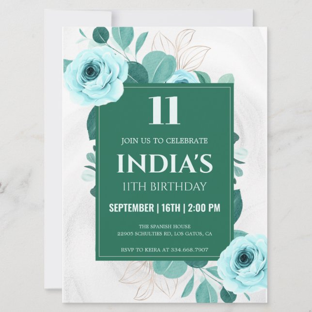 Green Watercolor Floral 11th birthday Invitation (Front)