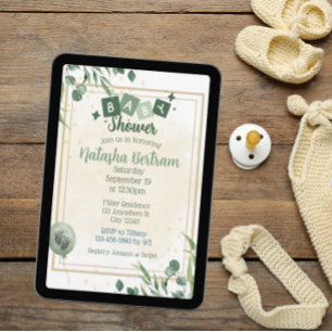 Green Watercolor Floral Leaves Baby Shower Invitation