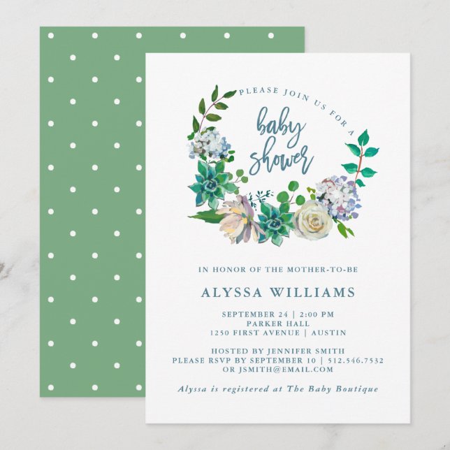 Green Watercolor Floral Succulent | Baby Shower Invitation (Front/Back)