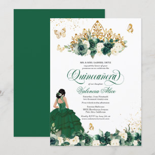 Green Watercolor Flowers Butterfly Quinceanera  Invitation