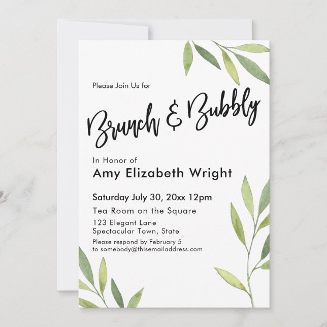 Green Watercolor Foliage Brunch & Bubbly Invitation (Front)