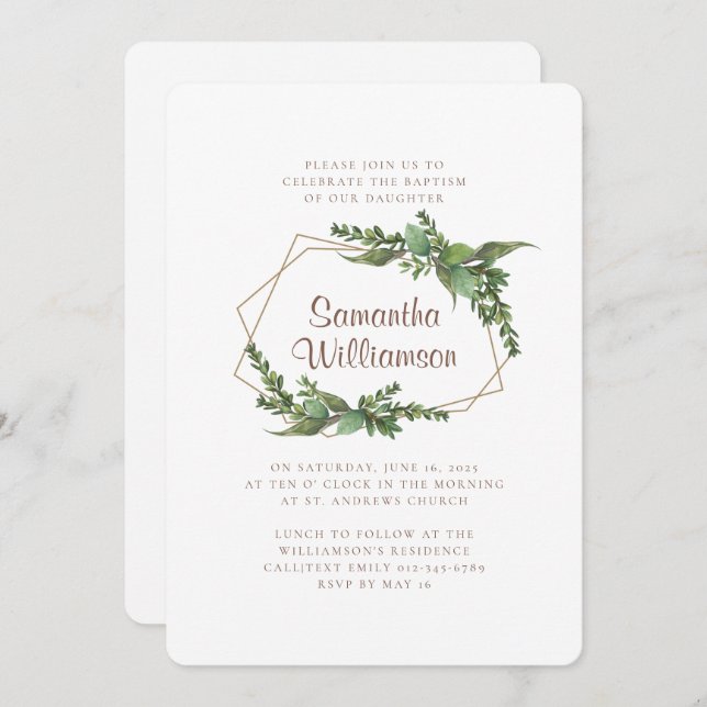 Green Watercolor Foliage Modern Baptismal Invitation (Front/Back)