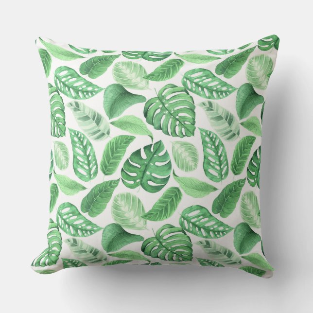 Green Watercolor Foliage Pattern Throw Pillow (Front)