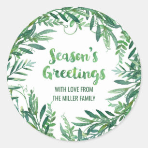 Green Watercolor Foliage Season's Greetings Custom Classic Round Sticker