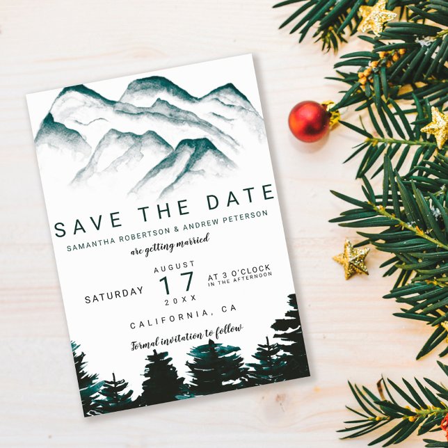 Green watercolor forest mountains save the date (Creator Uploaded)