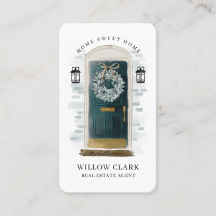 Green Watercolor Front Door Wreath Real Estate Business Card