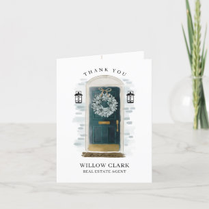 Green Watercolor Front Door & Wreath Thank You Card