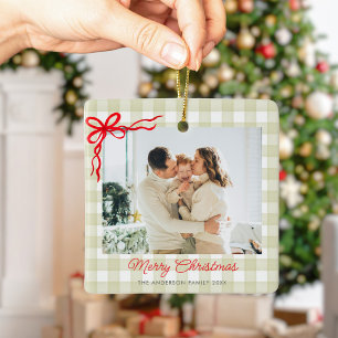 Green Watercolor Gingham Christmas Photo Ceramic Ornament