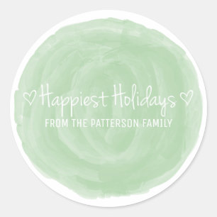 Green Watercolor Happiest Holidays Classic Round Sticker