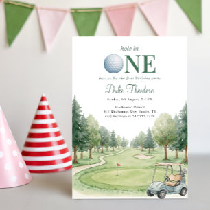 Green Watercolor Hole In One Golf First Birthday Invitation