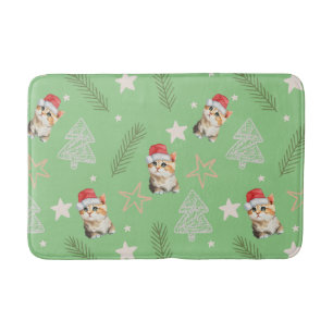 Green watercolor kitten cat Santa Merry christmas  Bath Mat