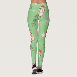 Green watercolor kitten cat Santa Merry Christmas  Leggings