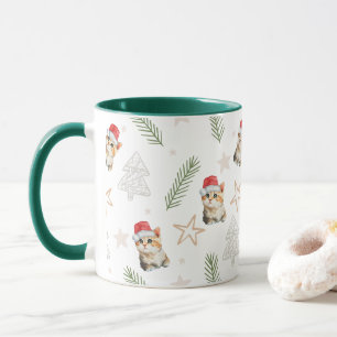 Green watercolor kitten cat Santa Merry Christmas  Mug