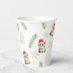 Green watercolor kitten cat Santa Merry Christmas Paper Cups