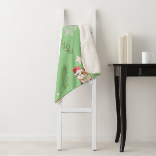 Green watercolor kitten cat Santa Merry Christmas Sherpa Blanket