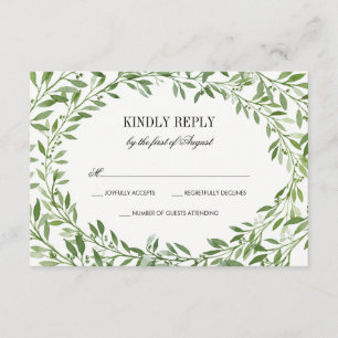 Green Watercolor Laurel Leaf Wreath Wedding RSVP