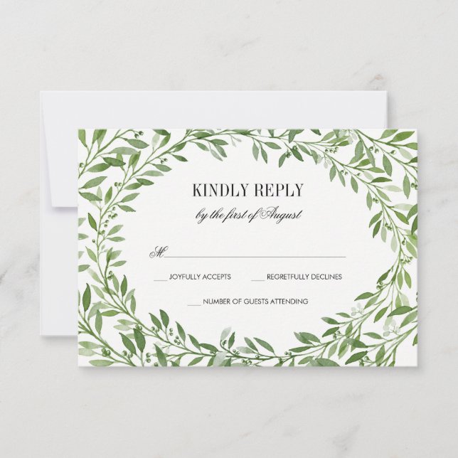 Green Watercolor Laurel Leaf Wreath Wedding RSVP (Front)