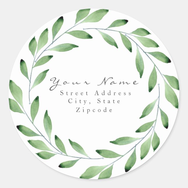 'Green Watercolor Leaf Branch Wreath'  Label (Front)