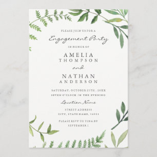 Green Watercolor Leaf Engagement Party Invitation