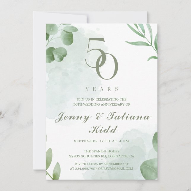 Green Watercolor Leaves 50th Wedding Anniversary  Invitation (Front)
