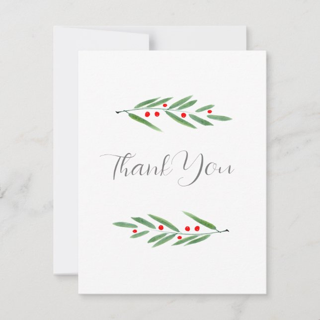 Green Watercolor Leaves and Berries   Thank You Card (Front)
