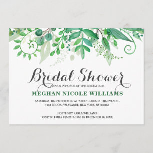 Green Watercolor Leaves  Bridal Shower Invitation