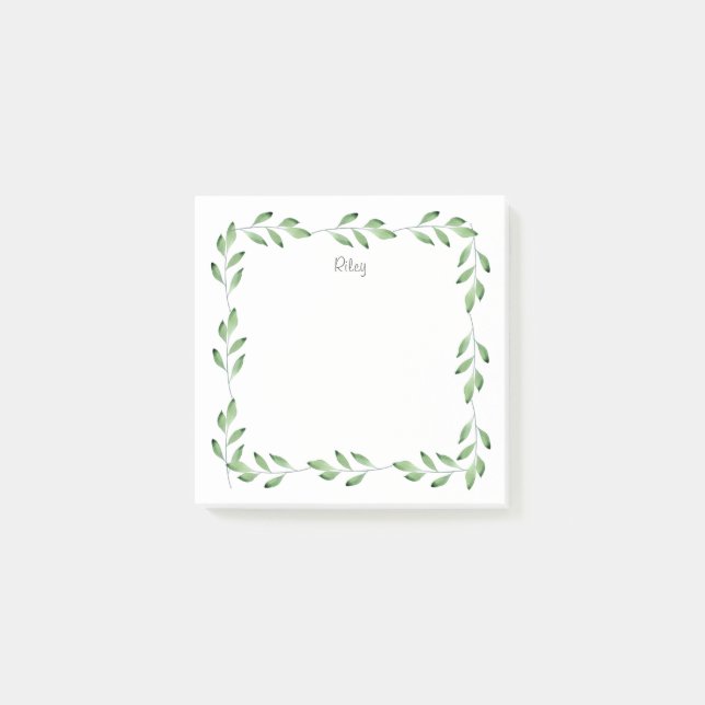 Green Watercolor Leaves Frame Post-it Notes (Front)