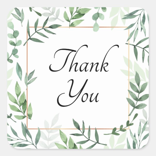 Green Watercolor Leaves Gold Frame Thank You Square Sticker (Front)
