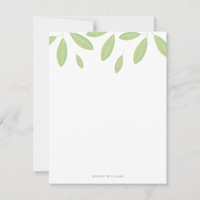 Green Watercolor Leaves Personalized Stationery Card (Front)