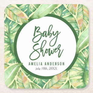 Green Watercolor Leaves Tropical Baby Shower Square Paper Coaster