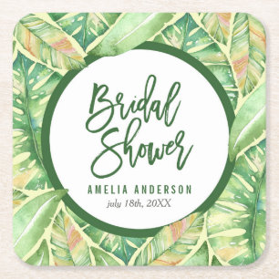 Green Watercolor Leaves Tropical Bridal Shower Square Paper Coaster