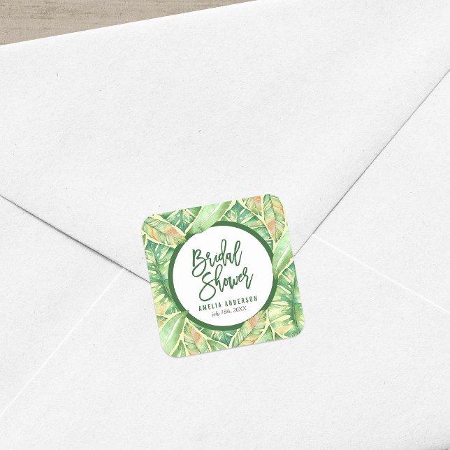 Green Watercolor Leaves Tropical Bridal Shower Square Sticker (Creator Uploaded)