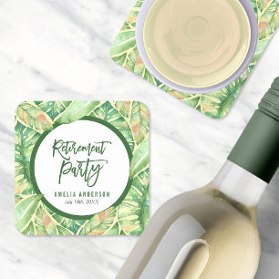 Green Watercolor Leaves Tropical Retirement Party Square Paper Coaster
