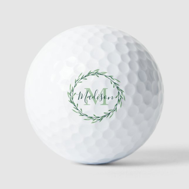 Green Watercolor Leaves Wreath Golf Balls (Front)