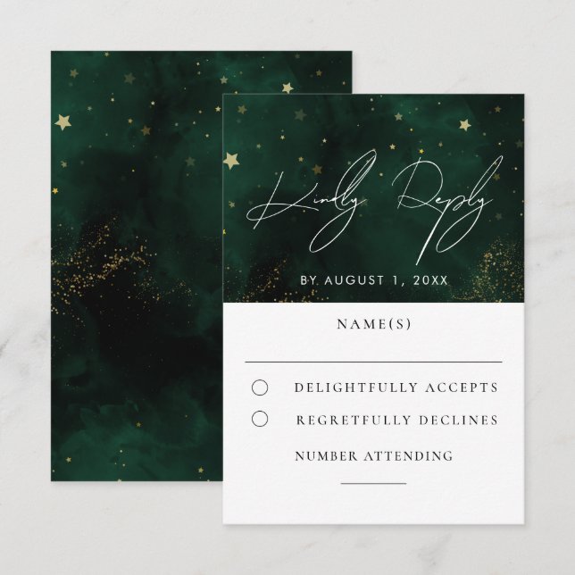 Green Watercolor Magical Gold Wedding RSVP Card (Front/Back)
