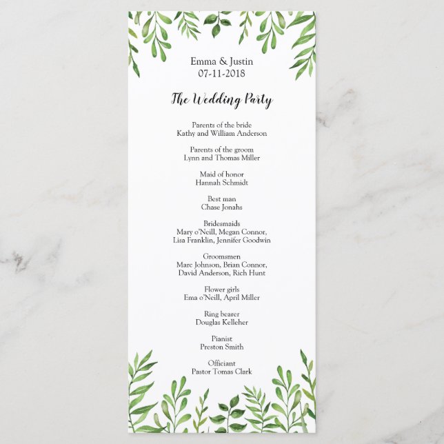 Green Watercolor Modern Botanical Wedding Rackcard Program (Front)