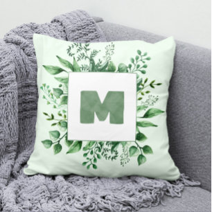 Green Watercolor Monogram & Leaves on Mint Throw Pillow