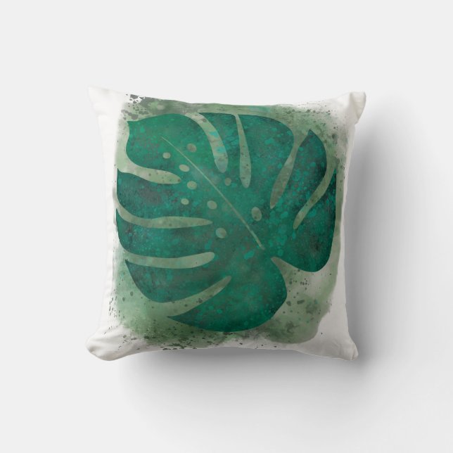 Green Watercolor Monstera  Throw Pillow (Front)