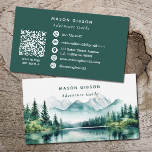Green Watercolor Mountain Adventure Guide Qr Code  Business Card