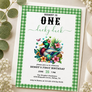 green Watercolor One Lucky Duck Boy 1st Birthday Invitation