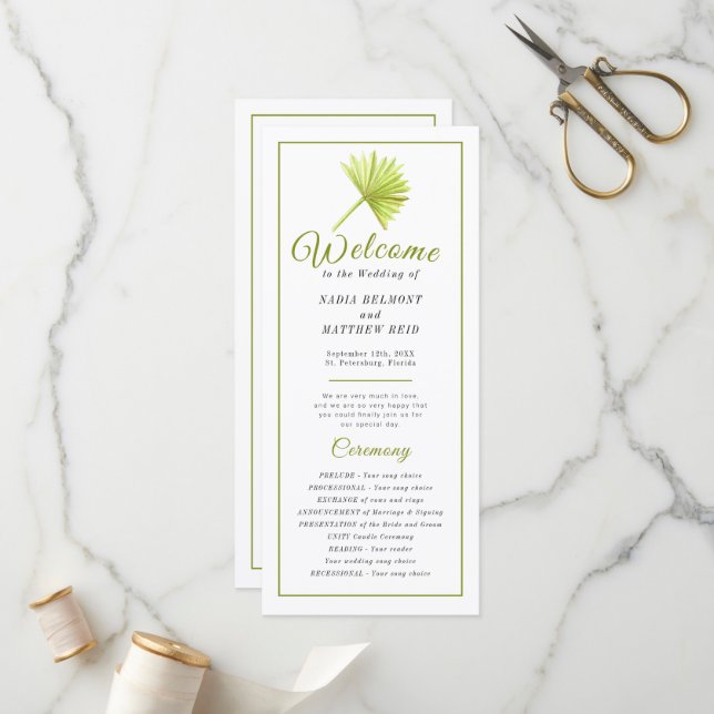Green watercolor palm frond leaf wedding ceremony  program (Front/Back In Situ)