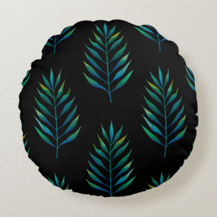 Green watercolor palm leaves on a black background round pillow