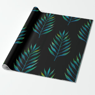 Green watercolor palm leaves on a black background wrapping paper