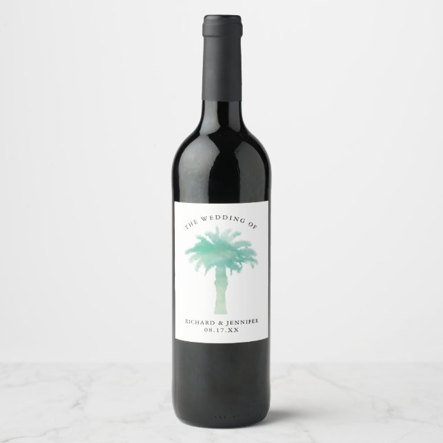 Green Watercolor Palm Tree Wedding Wine Label (Front)