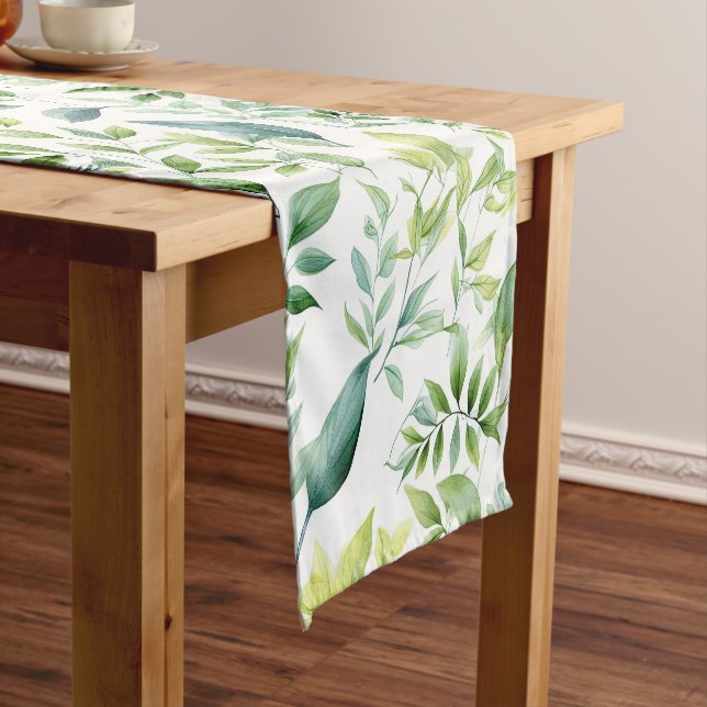 Green watercolor pastel leaves pattern short table runner (In Situ)