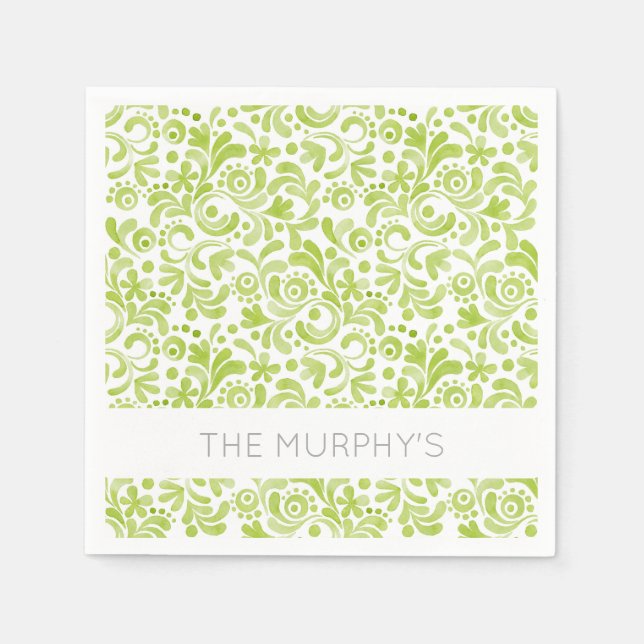 Green Watercolor Pattern NAME Lovely Spring Fun Napkin (Front)